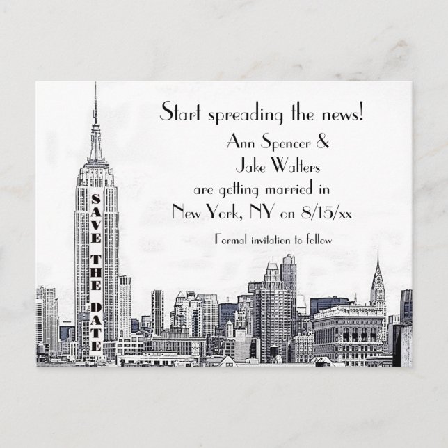 Cartão Postal De Anúncio NYC Skyline Gravado 01 Salve a Data (Frente)