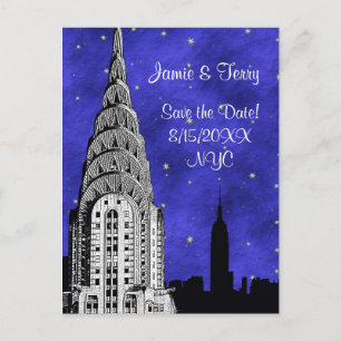 Cartão Postal De Anúncio NYC Skyline Silhouette Blue Starry Salvar Data 2