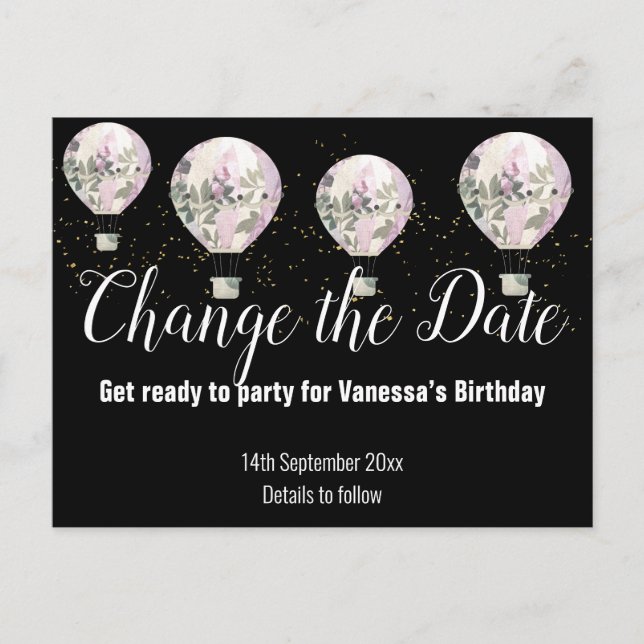 Cartão Postal De Anúncio O balão de ar quente muda a data de preto (Frente)