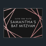 Cartão Postal De Anúncio O Bat Moderno Rosa e Negro Mitzvah Salva a Data<br><div class="desc">Moderno, moderno e elegante cor-de-rosa rosa e preto Bat Mitzvah salvam os cartões postais de data com uma única fronteira de quadrados geométricos. Personalize facilmente este barato, salve a data para o seu Bat Mitzvah com nome personalizado, data e detalhes da sua celebração divertida e sofisticada. Todo o texto é...</div>
