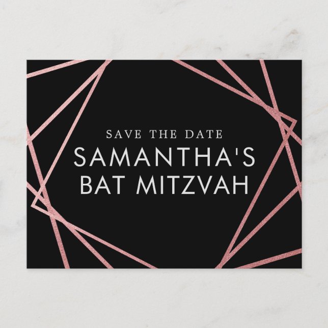 Cartão Postal De Anúncio O Bat Moderno Rosa e Negro Mitzvah Salva a Data (Frente)