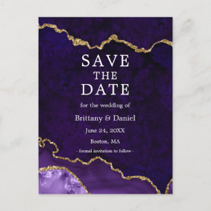 Cartão Postal De Anúncio O Geodo Dourado Roxo Elegante Salva A Data