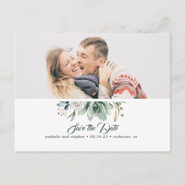 Cartão Postal De Anúncio O Suculente Verde Branco Rosa Salva a Foto da Data (Frente)