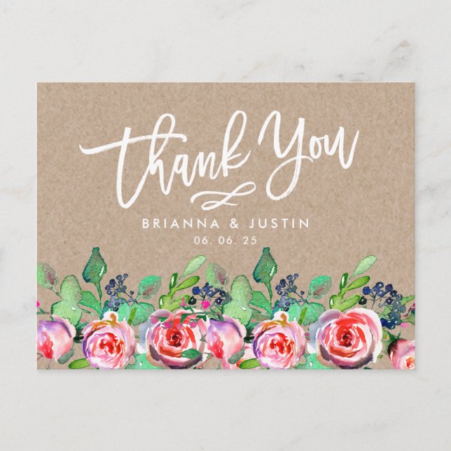 Cartão Postal De Anúncio Obrigado Casamento Rústico Floral Kraft Script (Frente)