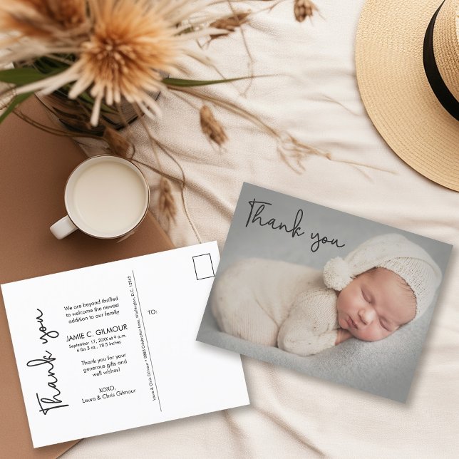 Cartão Postal De Anúncio Obrigado de Fotografia Bebê, você escreve Nascimen (Baby boy photo thank you modern handlettering script birth stat postcard.)