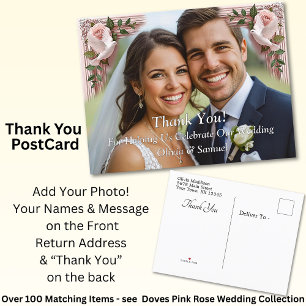 Cartão Postal De Anúncio Obrigado - Foto com Rosas Rosa & Pombas Casamento