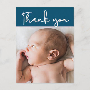 Cartão Postal De Anúncio Obrigado Script Modern Blue Baby Photo Birt