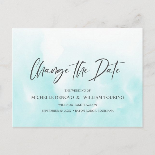 Cartão Postal De Anúncio Ombre Azul Elegante Escrito à Mão Alterar a data (Frente)