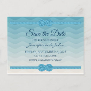 Cartão Postal De Anúncio Onda Azul Ombre Moderna para Casamento Salve o Dia