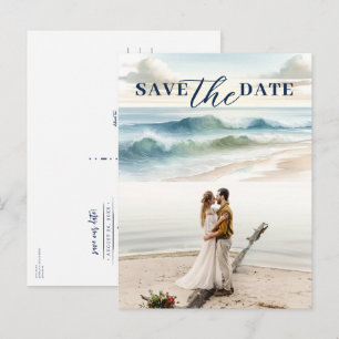 Cartão Postal De Anúncio Ondas de Praia em Aquarela Costeira Salvar a Data