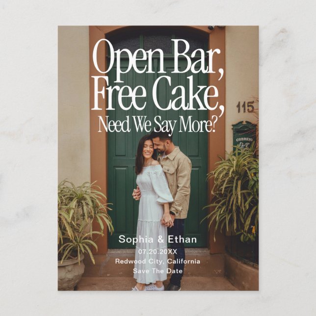 Cartão Postal De Anúncio Open Bar Free Cake Photo Retro Save The Date (Frente)