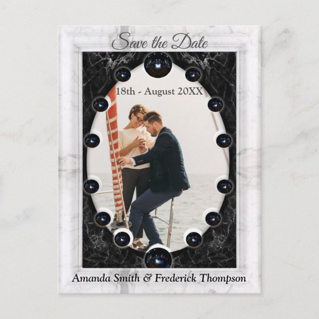 Cartão Postal De Anúncio Opulento Mármore Branco & Preto + Esferas (Frente)