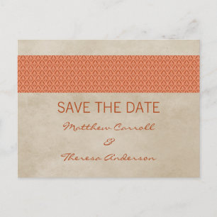 Cartão Postal De Anúncio Orange Rustic Damask Save Date Postcard