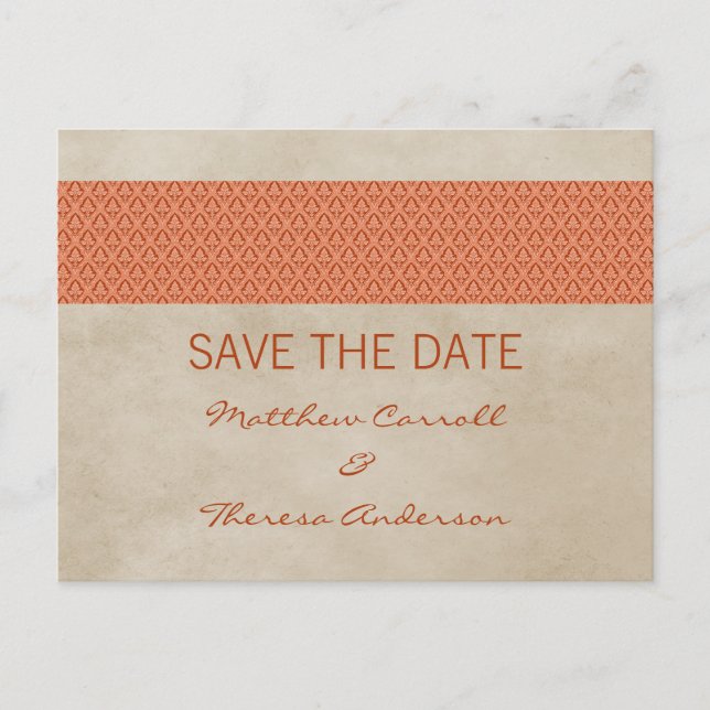 Cartão Postal De Anúncio Orange Rustic Damask Save Date Postcard (Frente)