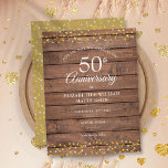 Cartão Postal De Anúncio ouro de 50 anos Corações Madeira Salva a data<br><div class="desc">Apresentando delicados corações de ouro confete em um fundo de madeira rústica. Personalize com seu especial aniversário de 50 anos de ouro,  salve as informações de data em letra chic. Projetado por Thisnotme©</div>