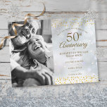 Cartão Postal De Anúncio Ouro de inverno 50 anos Salvar a data Foto<br><div class="desc">Apresentando delicados corações de ouro confete em um fundo de gelo no inverno,  você pode personalizar com sua foto especial e aniversário de 50 anos de ouro,  salvar a informação de data em caracteres chicos. Projetado por Thisnotme©</div>
