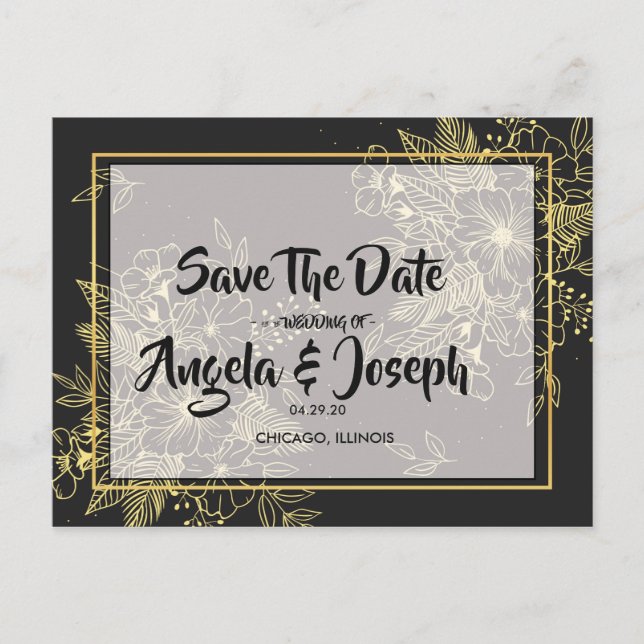 Cartão Postal De Anúncio Ouro Rosas Salvar a Data (Frente)