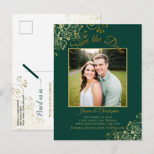 Cartão Postal De Anúncio Ouro sobre Foto de Casamento Verde Esmeralda para 