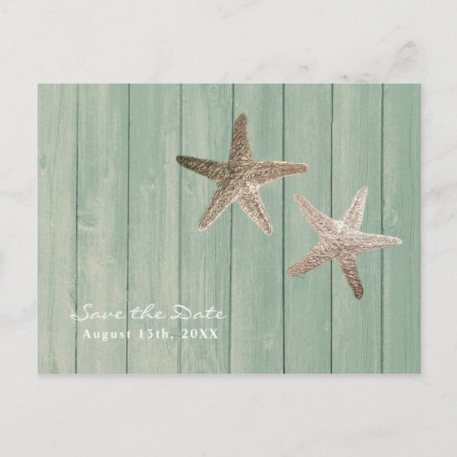 Cartão Postal De Anúncio Ouro Starfish & Wood Elegant Beach Salvar a data (Frente)