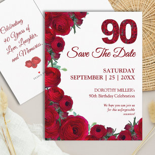 Cartão Postal De Anúncio Ousado Save the Date Floral Vermelho para 90º Aniv