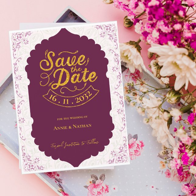 Cartão Postal De Anúncio Padrão de Motivo Oriental Elegante Casamento Borgo (Elegant Oriental Motif Pattern Burgundy Wedding Announcement Postcard)