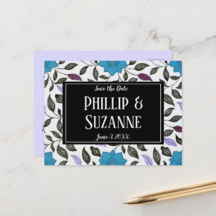 Cartão Postal De Anúncio Padrão Floral Azul Vintage Salve a Data