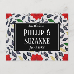 Cartão Postal De Anúncio Padrão Floral Vermelho Vintage Salve a Data