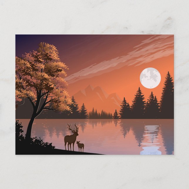 Cartão Postal De Anúncio Paisagem Sunrise com Lago e Deers-51207 (Frente)
