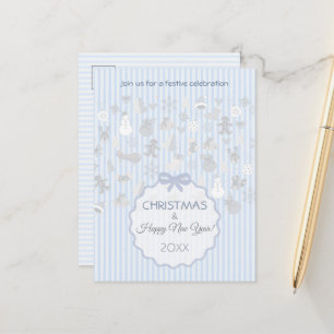 Cartão Postal De Anúncio Pale Azul Pastel Listra Natal Prateado Caprichoso