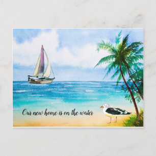 Cartão Postal De Anúncio Palm Trees and Seagulls Beach Scense New Address