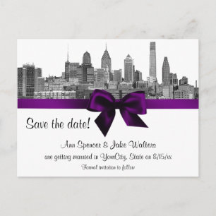 Cartão Postal De Anúncio Panorama da Filadélfia Etch BW Roxo Save the Date