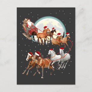 Cartão Postal De Anúncio Papai Noel Cavalgando Cavalos Equestre Trenó 