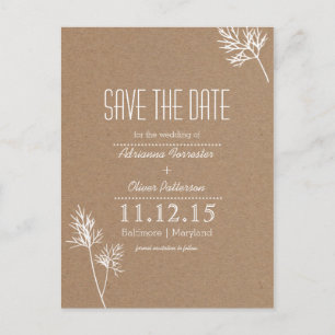 Cartão Postal De Anúncio Papel Kraft Marrom e Folhas Brancas Save The Date