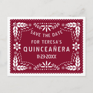 Cartão Postal De Anúncio Papel picado burgundy QUINCEAÑERA Salvar a data