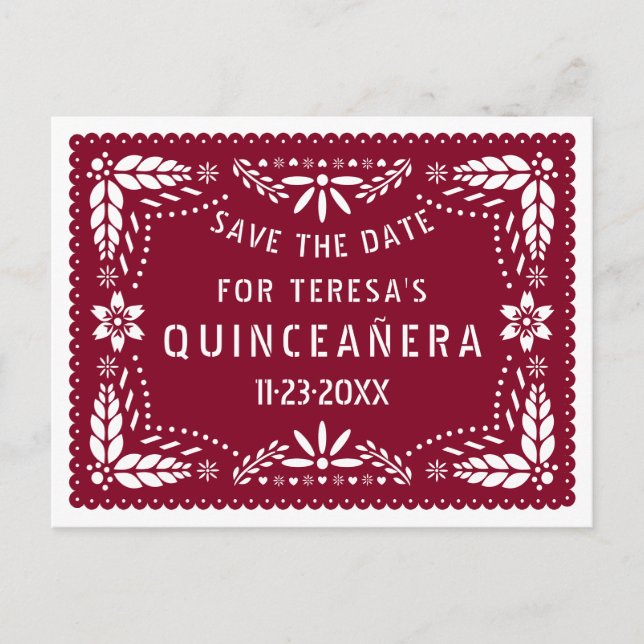 Cartão Postal De Anúncio Papel picado burgundy QUINCEAÑERA Salvar a data (Frente)