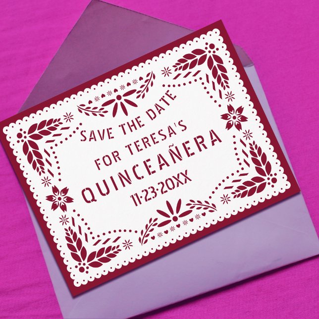 Cartão Postal De Anúncio Papel picado burgundy QUINCEAÑERA Salvar a data (Criador carregado)