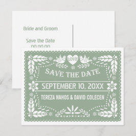 Cartão Postal De Anúncio Papel picado casamento verde sage Save the Date