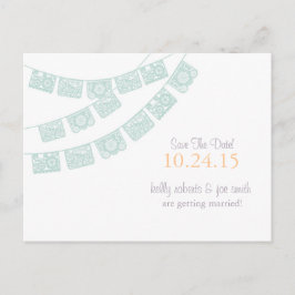 Cartão Postal De Anúncio Papel Picado Save the Date Verde menta