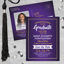 Cartão Postal De Anúncio Parabéns Graduado Roxo e Dourado Salve a Data Foto