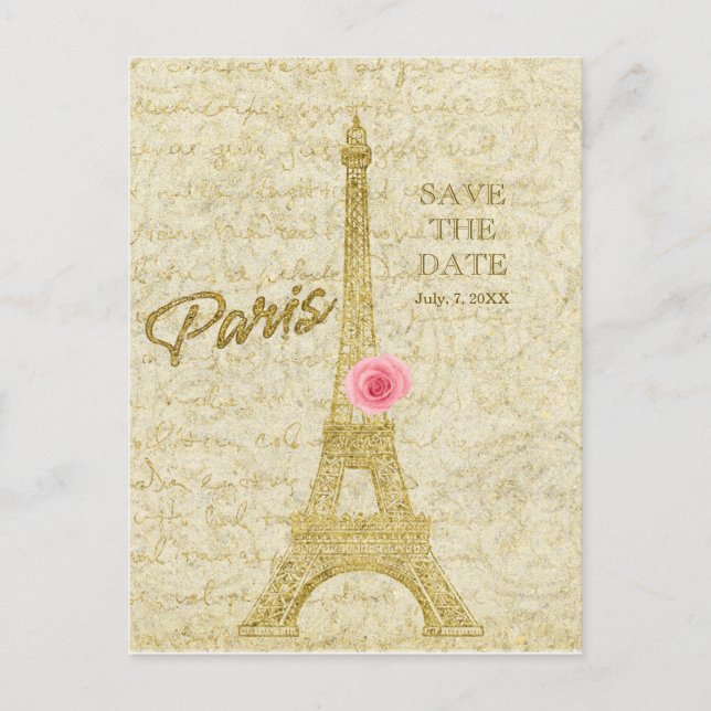 Cartão Postal De Anúncio Paris Torre Eiffel Dourado & Rosa SAVE THE DATE (Frente)