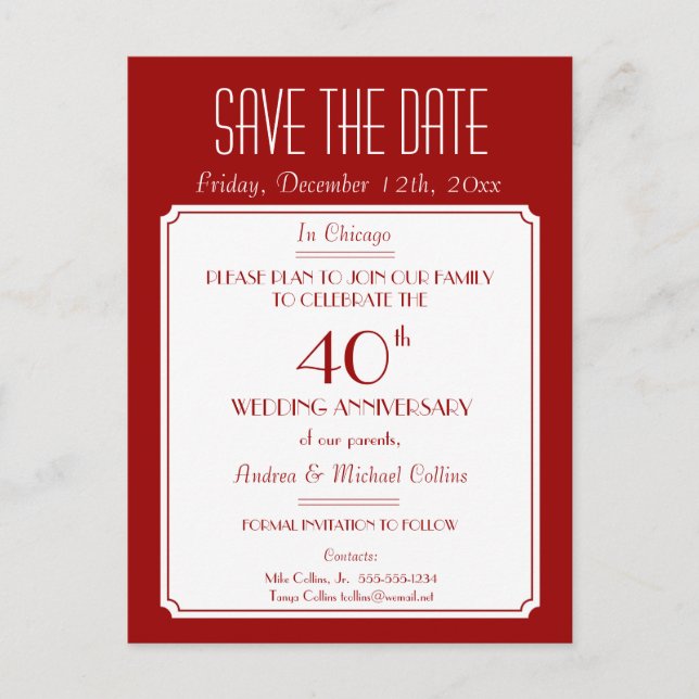 Cartão Postal De Anúncio Parte, Evento ou Reunião Salvar a Data em Vermelho (Frente)