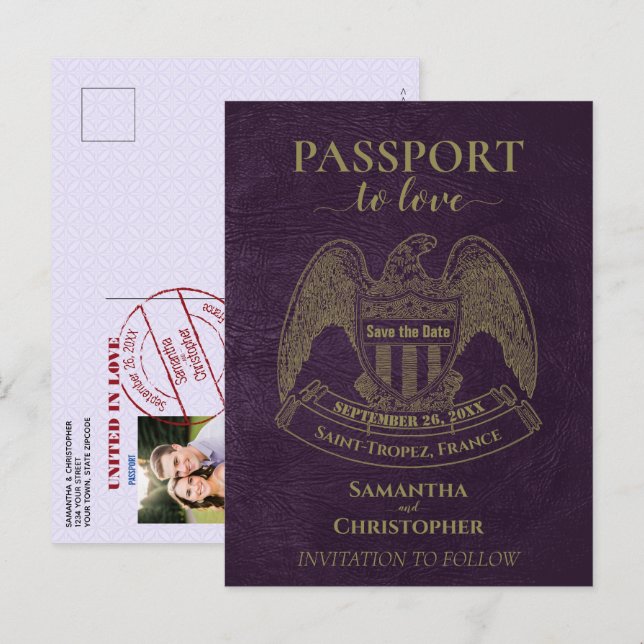 Cartão Postal De Anúncio Passaporte Roxo Fofo Divertido Casamento Salve a D (Frente/Verso)