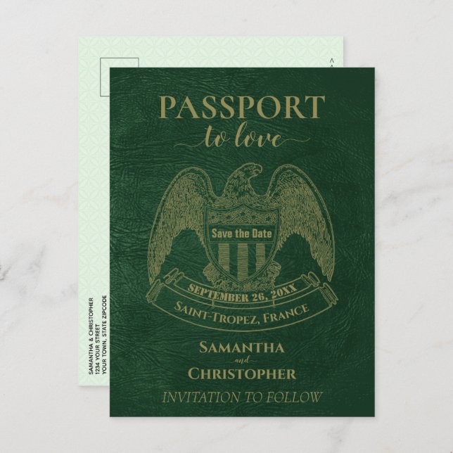 Cartão Postal De Anúncio Passaporte Verde Fofo Divertido Casamento Salve a  (Frente/Verso)