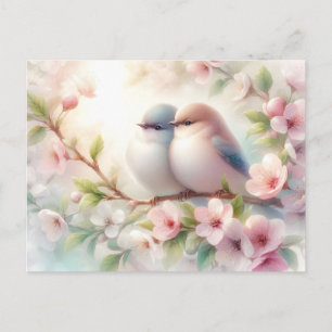 Cartão Postal De Anúncio Pássaros de Amor da Primavera Flor de Cerejeira Fl
