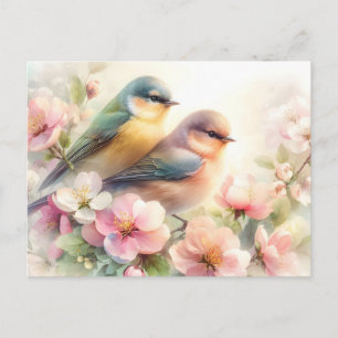 Cartão Postal De Anúncio Pássaros de Amor Doce Flor de Cerejeira Pastel Pri
