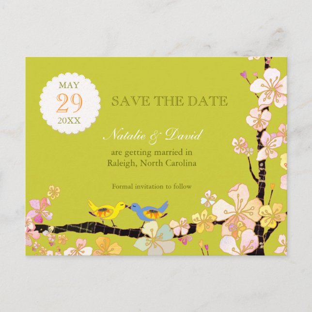 Cartão Postal De Anúncio Pássaros do Amor Casamento Primavera Verde Salve a (Frente)