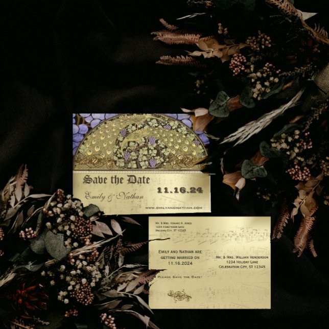 Cartão Postal De Anúncio Pássaros Pavão Art Nouveau Vinha Salvar a Data (Criador carregado)