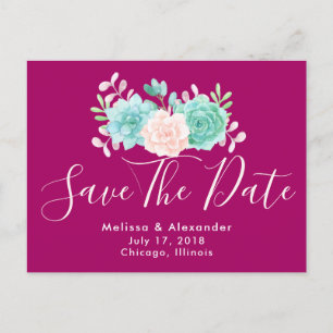 Cartão Postal De Anúncio Pastel Rosa & Verde Buquê Floral Salvar a Data
