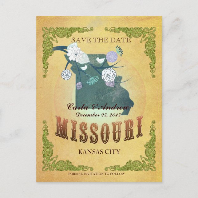 Cartão Postal De Anúncio Pastel Yellow Salve A Data - Mapa Com Aves Adoráve (Frente)