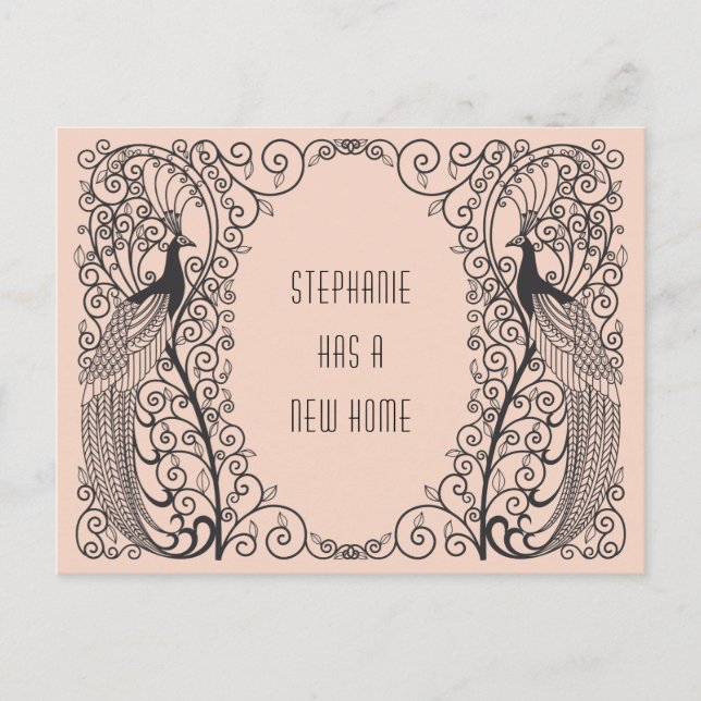 Cartão Postal De Anúncio Pavão Art Deco Novo Endereço Mudando (Frente)